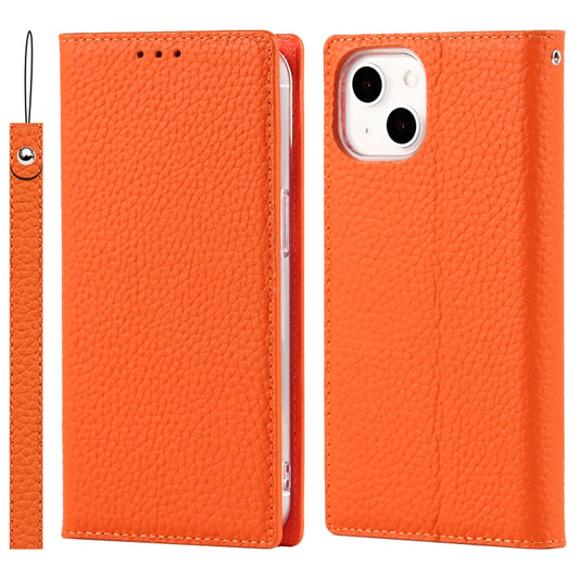 For iPhone 13 Litchi Texture Genuine Leather Phone Case With Lanyard & Holder & Card Slots & Wallet(Orange) - iPhone 13 Cases by buy2fix | Online Shopping UK | buy2fix