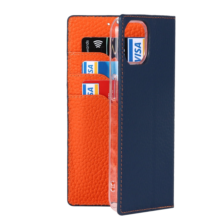 For iPhone 13 Litchi Texture Genuine Leather Phone Case With Lanyard & Holder & Card Slots & Wallet(Dark Blue) - iPhone 13 Cases by buy2fix | Online Shopping UK | buy2fix