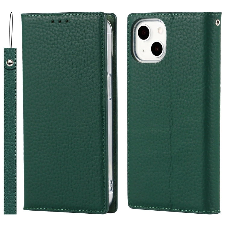 For iPhone 13 Litchi Texture Genuine Leather Phone Case With Lanyard & Holder & Card Slots & Wallet(Dark Green) - iPhone 13 Cases by buy2fix | Online Shopping UK | buy2fix