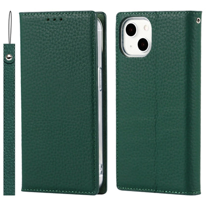For iPhone 13 Litchi Texture Genuine Leather Phone Case With Lanyard & Holder & Card Slots & Wallet(Dark Green) - iPhone 13 Cases by buy2fix | Online Shopping UK | buy2fix
