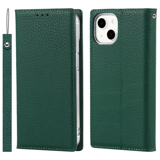 For iPhone 13 Litchi Texture Genuine Leather Phone Case With Lanyard & Holder & Card Slots & Wallet(Dark Green) - iPhone 13 Cases by buy2fix | Online Shopping UK | buy2fix