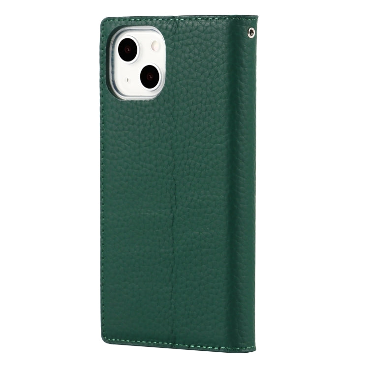 For iPhone 13 Litchi Texture Genuine Leather Phone Case With Lanyard & Holder & Card Slots & Wallet(Dark Green) - iPhone 13 Cases by buy2fix | Online Shopping UK | buy2fix
