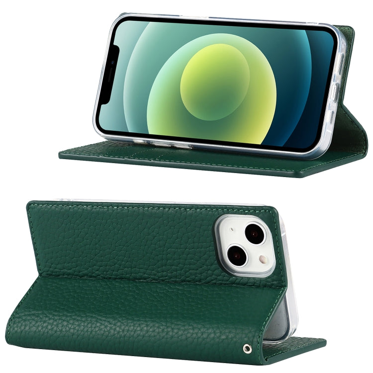 For iPhone 13 Litchi Texture Genuine Leather Phone Case With Lanyard & Holder & Card Slots & Wallet(Dark Green) - iPhone 13 Cases by buy2fix | Online Shopping UK | buy2fix