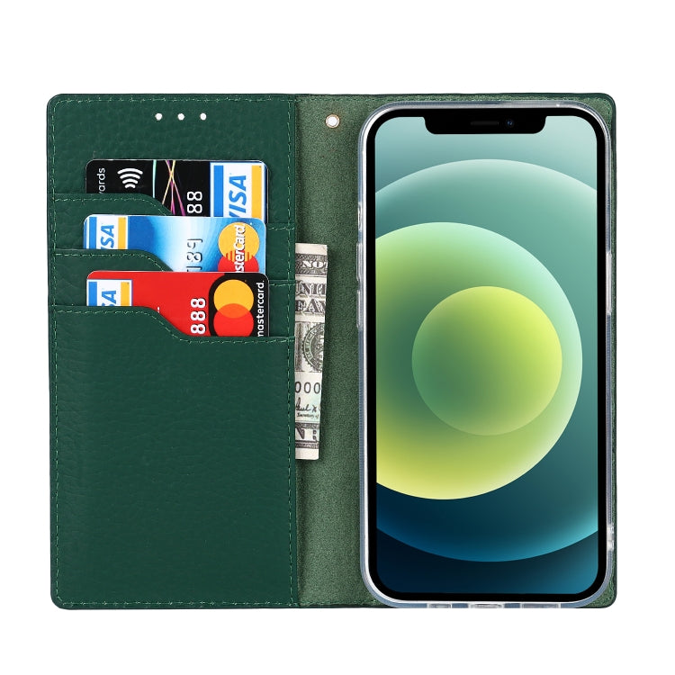 For iPhone 13 Litchi Texture Genuine Leather Phone Case With Lanyard & Holder & Card Slots & Wallet(Dark Green) - iPhone 13 Cases by buy2fix | Online Shopping UK | buy2fix