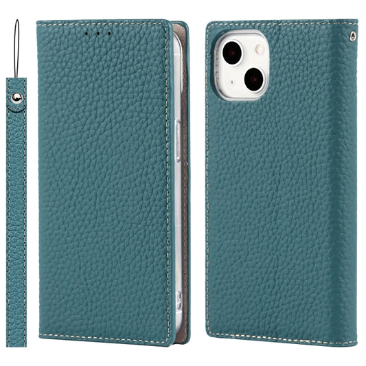 For iPhone 13 Litchi Texture Genuine Leather Phone Case With Lanyard & Holder & Card Slots & Wallet(Sky Blue) - iPhone 13 Cases by buy2fix | Online Shopping UK | buy2fix