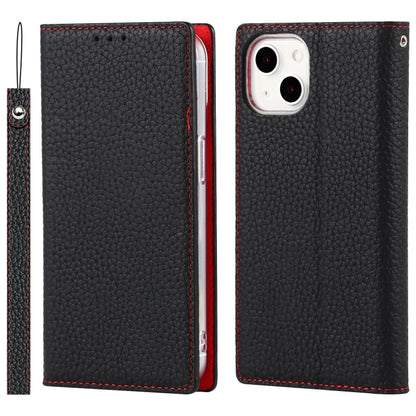 For iPhone 13 mini Litchi Texture Genuine Leather Phone Case With Lanyard & Holder & Card Slots & Wallet (Black) - iPhone 13 mini Cases by buy2fix | Online Shopping UK | buy2fix