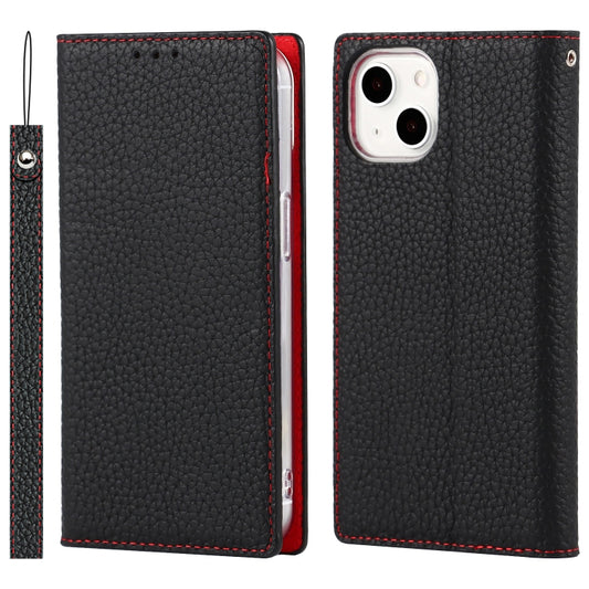 For iPhone 13 mini Litchi Texture Genuine Leather Phone Case With Lanyard & Holder & Card Slots & Wallet (Black) - iPhone 13 mini Cases by buy2fix | Online Shopping UK | buy2fix
