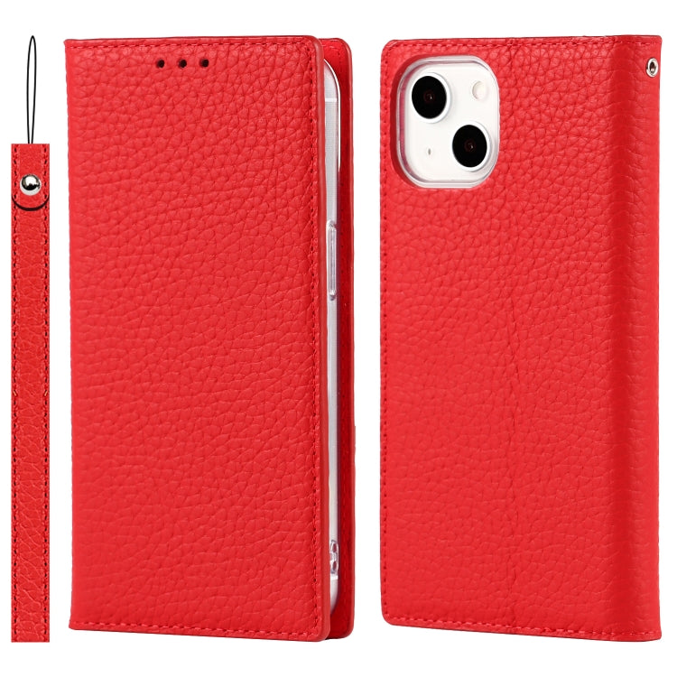 For iPhone 13 mini Litchi Texture Genuine Leather Phone Case With Lanyard & Holder & Card Slots & Wallet (Red) - iPhone 13 mini Cases by buy2fix | Online Shopping UK | buy2fix