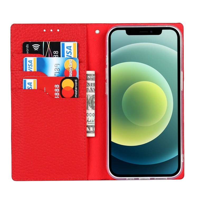 For iPhone 13 mini Litchi Texture Genuine Leather Phone Case With Lanyard & Holder & Card Slots & Wallet (Red) - iPhone 13 mini Cases by buy2fix | Online Shopping UK | buy2fix