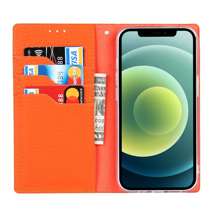 For iPhone 13 mini Litchi Texture Genuine Leather Phone Case With Lanyard & Holder & Card Slots & Wallet (Orange) - iPhone 13 mini Cases by buy2fix | Online Shopping UK | buy2fix