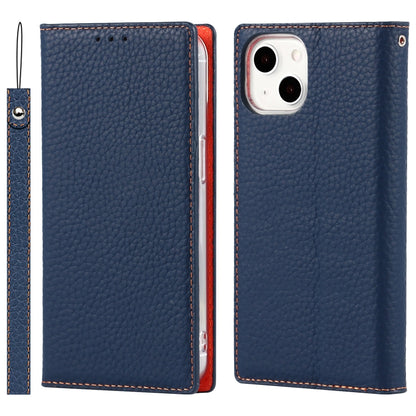 For iPhone 13 mini Litchi Texture Genuine Leather Phone Case With Lanyard & Holder & Card Slots & Wallet (Dark Blue) - iPhone 13 mini Cases by buy2fix | Online Shopping UK | buy2fix