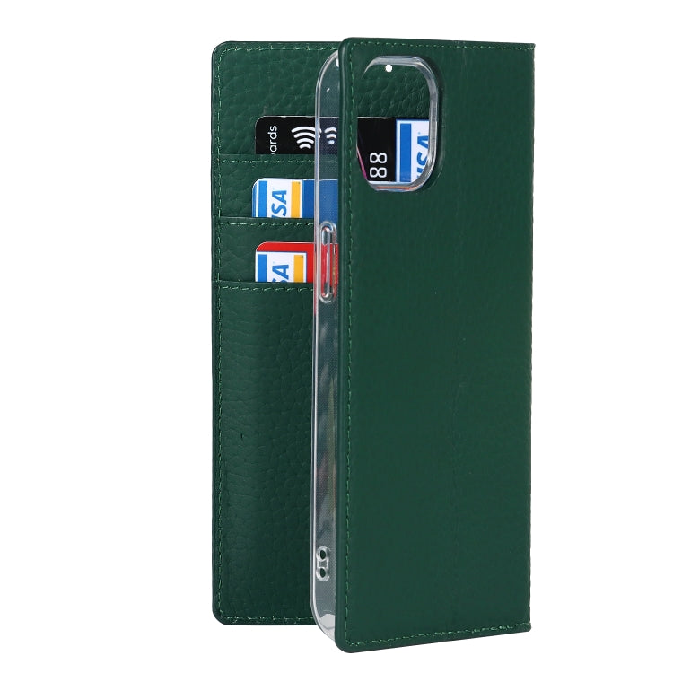 For iPhone 13 mini Litchi Texture Genuine Leather Phone Case With Lanyard & Holder & Card Slots & Wallet (Dark Green) - iPhone 13 mini Cases by buy2fix | Online Shopping UK | buy2fix