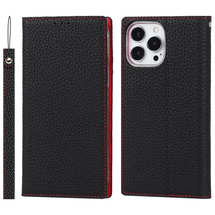 For iPhone 13 Pro Litchi Texture Genuine Leather Phone Case With Lanyard & Holder & Card Slots & Wallet (Black) - iPhone 13 Pro Cases by buy2fix | Online Shopping UK | buy2fix