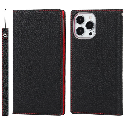 For iPhone 13 Pro Litchi Texture Genuine Leather Phone Case With Lanyard & Holder & Card Slots & Wallet (Black) - iPhone 13 Pro Cases by buy2fix | Online Shopping UK | buy2fix