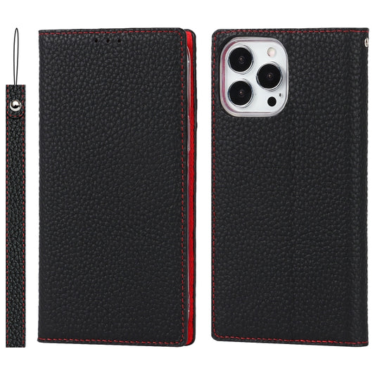 For iPhone 13 Pro Litchi Texture Genuine Leather Phone Case With Lanyard & Holder & Card Slots & Wallet (Black) - iPhone 13 Pro Cases by buy2fix | Online Shopping UK | buy2fix