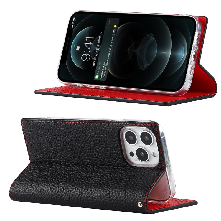 For iPhone 13 Pro Litchi Texture Genuine Leather Phone Case With Lanyard & Holder & Card Slots & Wallet (Black) - iPhone 13 Pro Cases by buy2fix | Online Shopping UK | buy2fix