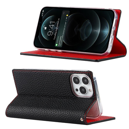 For iPhone 13 Pro Litchi Texture Genuine Leather Phone Case With Lanyard & Holder & Card Slots & Wallet (Black) - iPhone 13 Pro Cases by buy2fix | Online Shopping UK | buy2fix