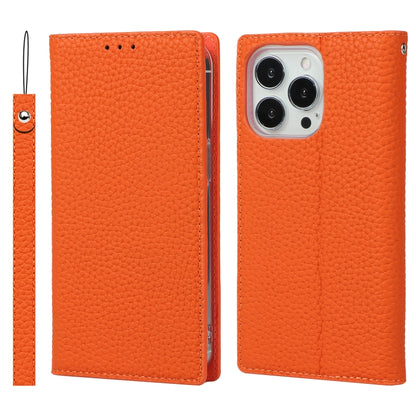For iPhone 13 Pro Litchi Texture Genuine Leather Phone Case With Lanyard & Holder & Card Slots & Wallet (Orange) - iPhone 13 Pro Cases by buy2fix | Online Shopping UK | buy2fix