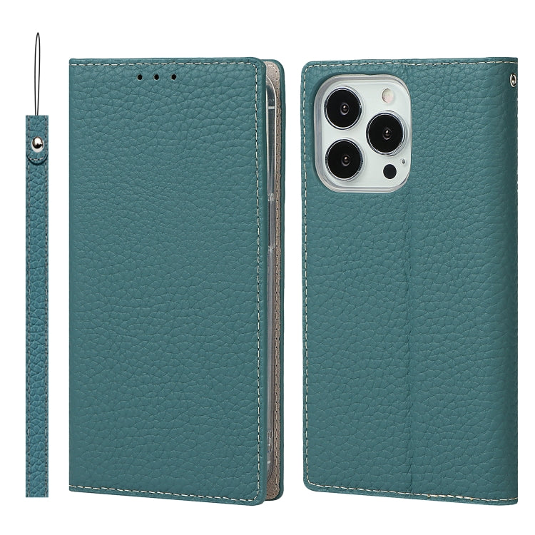 For iPhone 13 Pro Litchi Texture Genuine Leather Phone Case With Lanyard & Holder & Card Slots & Wallet (Sky Blue) - iPhone 13 Pro Cases by buy2fix | Online Shopping UK | buy2fix