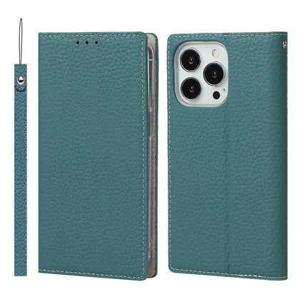 For iPhone 13 Pro Litchi Texture Genuine Leather Phone Case With Lanyard & Holder & Card Slots & Wallet (Sky Blue) - iPhone 13 Pro Cases by buy2fix | Online Shopping UK | buy2fix