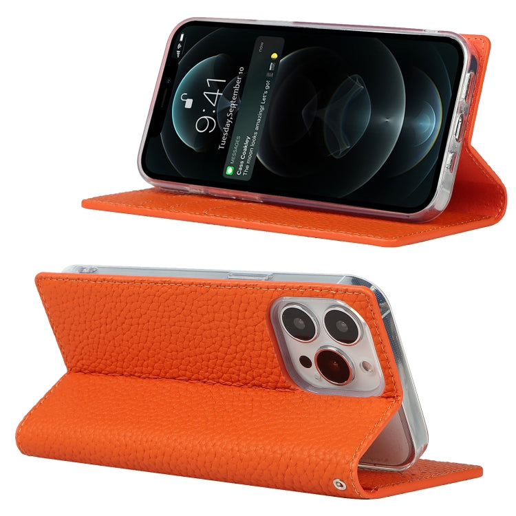 For iPhone 13 Pro Max Litchi Texture Genuine Leather Phone Case With Lanyard & Holder & Card Slots & Wallet (Orange) - iPhone 13 Pro Max Cases by buy2fix | Online Shopping UK | buy2fix