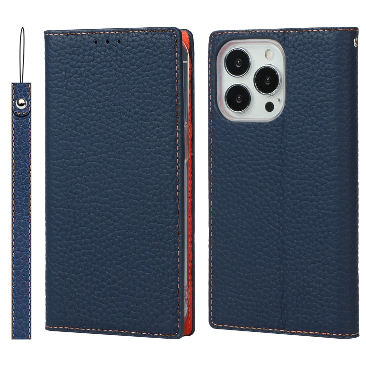 For iPhone 13 Pro Max Litchi Texture Genuine Leather Phone Case With Lanyard & Holder & Card Slots & Wallet (Dark Blue) - iPhone 13 Pro Max Cases by buy2fix | Online Shopping UK | buy2fix