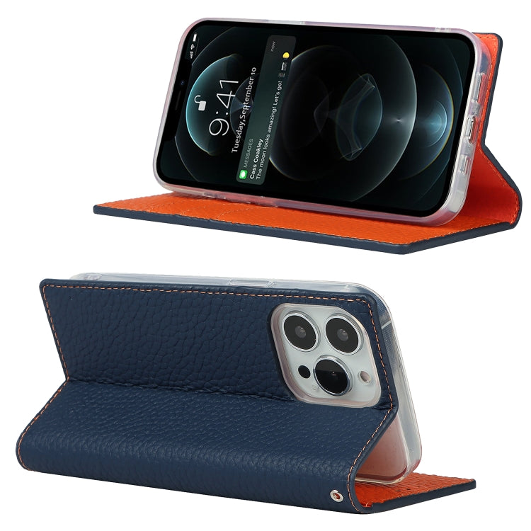 For iPhone 13 Pro Max Litchi Texture Genuine Leather Phone Case With Lanyard & Holder & Card Slots & Wallet (Dark Blue) - iPhone 13 Pro Max Cases by buy2fix | Online Shopping UK | buy2fix