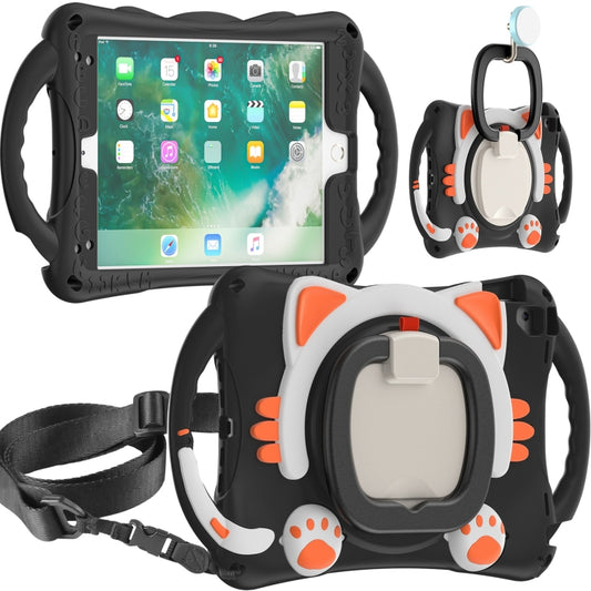 Cute Cat King Kids Shockproof Silicone Tablet Case with Holder & Shoulder Strap & Handle For iPad 9.7 2018 / 2017 / Air / Air 2 / Pro 9.7(Black Orange) - iPad 9.7 (2018) & (2017) Cases by buy2fix | Online Shopping UK | buy2fix