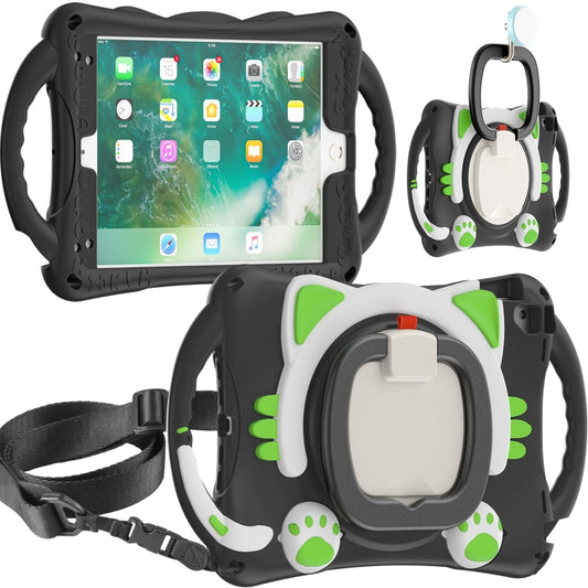 Cute Cat King Kids Shockproof Silicone Tablet Case with Holder & Shoulder Strap & Handle For iPad 9.7 2018 / 2017 / Air / Air 2 / Pro 9.7(Black Green) - iPad 9.7 (2018) & (2017) Cases by buy2fix | Online Shopping UK | buy2fix