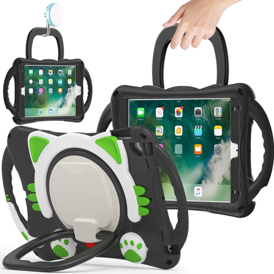 Cute Cat King Kids Shockproof Silicone Tablet Case with Holder & Shoulder Strap & Handle For iPad 9.7 2018 / 2017 / Air / Air 2 / Pro 9.7(Black Green) - iPad 9.7 (2018) & (2017) Cases by buy2fix | Online Shopping UK | buy2fix