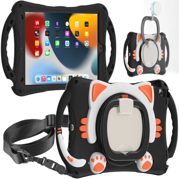Cute Cat King Kids Shockproof Silicone Tablet Case with Holder & Shoulder Strap & Handle For iPad 10.2 2019 / 2020 / 2021 / Pro 10.5(Black Orange) - iPad 10.2 Cases by buy2fix | Online Shopping UK | buy2fix