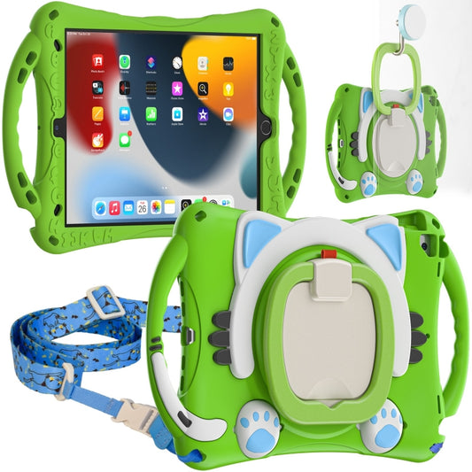 Cute Cat King Kids Shockproof Silicone Tablet Case with Holder & Shoulder Strap & Handle For iPad 10.2 2019 / 2020 / 2021 / Pro 10.5(Green) - iPad 10.2 Cases by buy2fix | Online Shopping UK | buy2fix