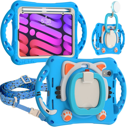 For iPad mini 6 / mini 2024 Cute Cat King Kids Shockproof Silicone Tablet Case with Holder & Shoulder Strap & Handle(Light Blue) - iPad mini 6 Cases by buy2fix | Online Shopping UK | buy2fix