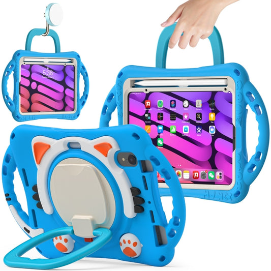 For iPad mini 6 / mini 2024 Cute Cat King Kids Shockproof Silicone Tablet Case with Holder & Shoulder Strap & Handle(Light Blue) - iPad mini 6 Cases by buy2fix | Online Shopping UK | buy2fix
