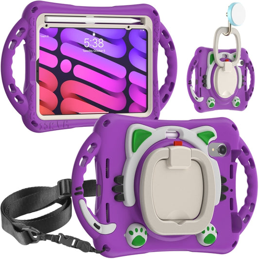 For iPad mini 6 / mini 2024 Cute Cat King Kids Shockproof Silicone Tablet Case with Holder & Shoulder Strap & Handle(Purple) - iPad mini 6 Cases by buy2fix | Online Shopping UK | buy2fix
