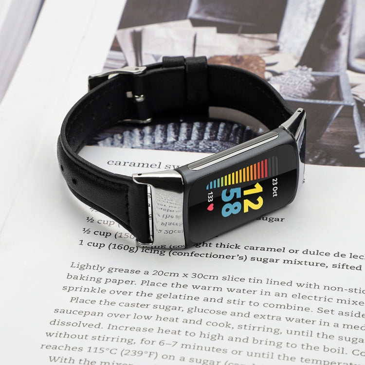For Fitbit Charge 5 FC5-18 Leather Strap Watch Band, Size:S(Black) - Watch Bands by buy2fix | Online Shopping UK | buy2fix