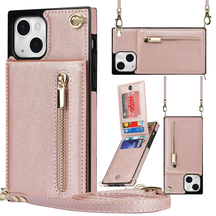 For iPhone 13 mini Cross-body Zipper Square Phone Case with Holder (Rose Gold) - iPhone 13 mini Cases by buy2fix | Online Shopping UK | buy2fix