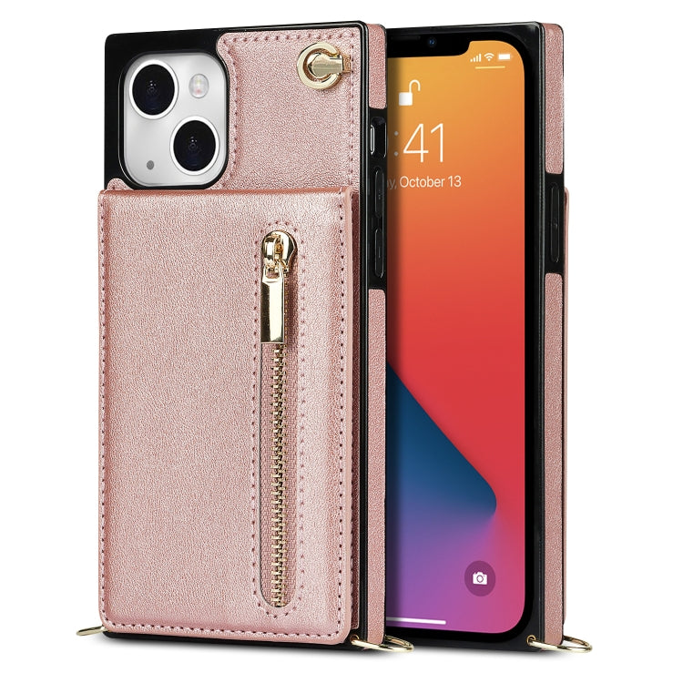 For iPhone 13 mini Cross-body Zipper Square Phone Case with Holder (Rose Gold) - iPhone 13 mini Cases by buy2fix | Online Shopping UK | buy2fix