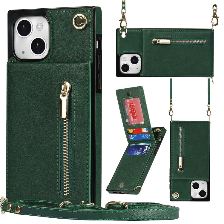 For iPhone 13 Cross-body Zipper Square Phone Case with Holder(Green) - iPhone 13 Cases by buy2fix | Online Shopping UK | buy2fix