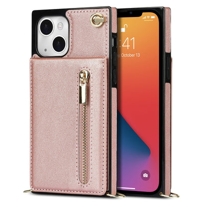 For iPhone 13 Cross-body Zipper Square Phone Case with Holder(Rose Gold) - iPhone 13 Cases by buy2fix | Online Shopping UK | buy2fix
