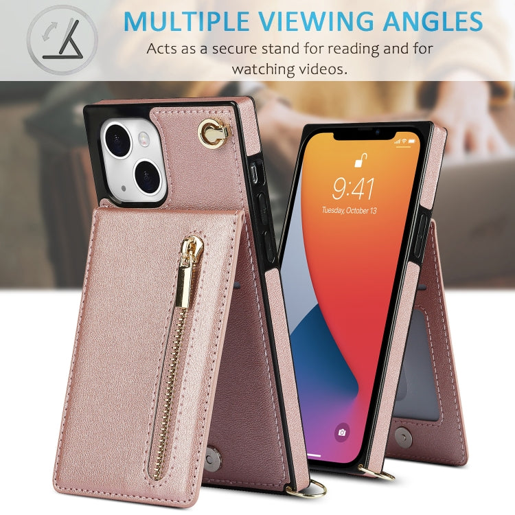 For iPhone 13 Cross-body Zipper Square Phone Case with Holder(Rose Gold) - iPhone 13 Cases by buy2fix | Online Shopping UK | buy2fix