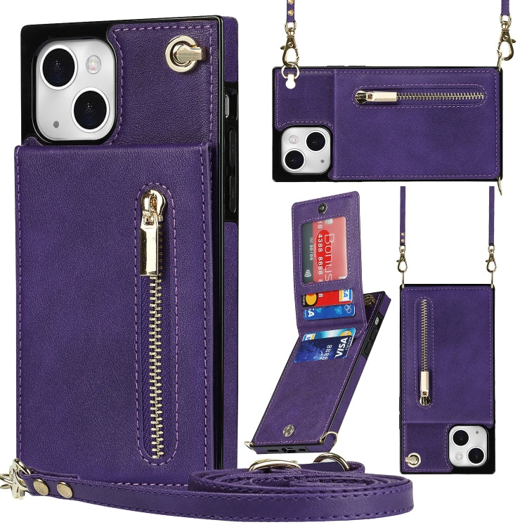 For iPhone 13 Cross-body Zipper Square Phone Case with Holder(Purple) - iPhone 13 Cases by buy2fix | Online Shopping UK | buy2fix