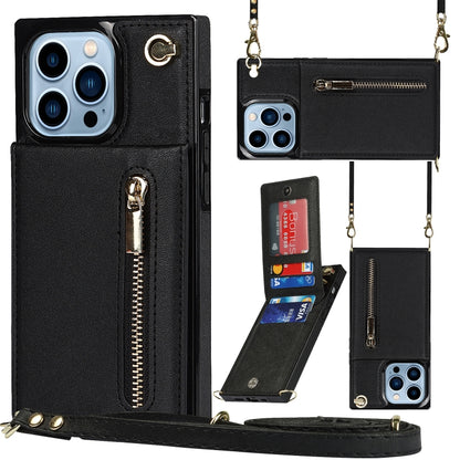 For iPhone 13 Pro Cross-body Zipper Square Phone Case with Holder (Black) - iPhone 13 Pro Cases by buy2fix | Online Shopping UK | buy2fix