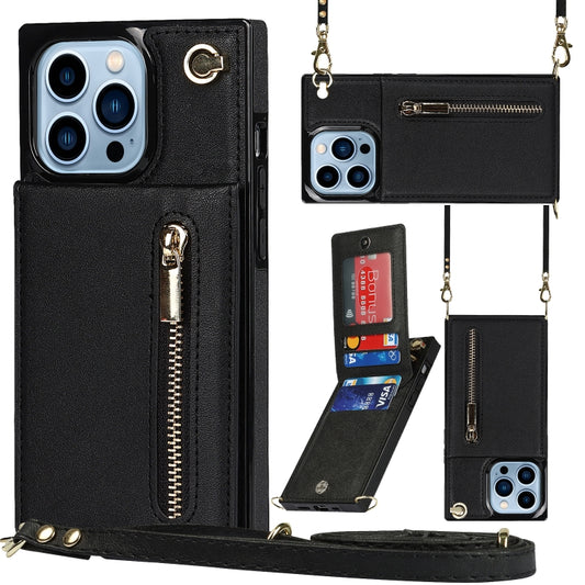 For iPhone 13 Pro Cross-body Zipper Square Phone Case with Holder (Black) - iPhone 13 Pro Cases by buy2fix | Online Shopping UK | buy2fix