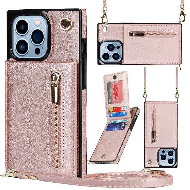 For iPhone 13 Pro Cross-body Zipper Square Phone Case with Holder (Rose Gold) - iPhone 13 Pro Cases by buy2fix | Online Shopping UK | buy2fix