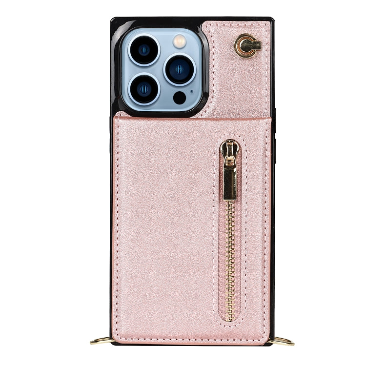 For iPhone 13 Pro Cross-body Zipper Square Phone Case with Holder (Rose Gold) - iPhone 13 Pro Cases by buy2fix | Online Shopping UK | buy2fix