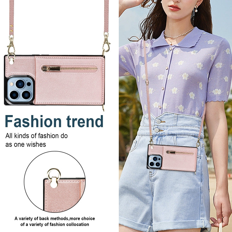 For iPhone 13 Pro Cross-body Zipper Square Phone Case with Holder (Rose Gold) - iPhone 13 Pro Cases by buy2fix | Online Shopping UK | buy2fix