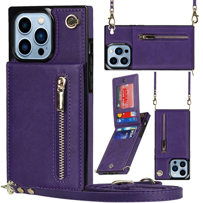 For iPhone 13 Pro Cross-body Zipper Square Phone Case with Holder (Purple) - iPhone 13 Pro Cases by buy2fix | Online Shopping UK | buy2fix