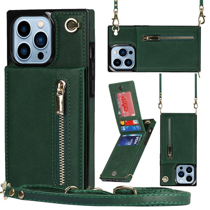 For iPhone 13 Pro Max Cross-body Zipper Square Phone Case with Holder (Green) - iPhone 13 Pro Max Cases by buy2fix | Online Shopping UK | buy2fix