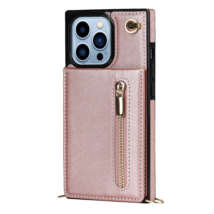 For iPhone 13 Pro Max Cross-body Zipper Square Phone Case with Holder (Rose Gold) - iPhone 13 Pro Max Cases by buy2fix | Online Shopping UK | buy2fix